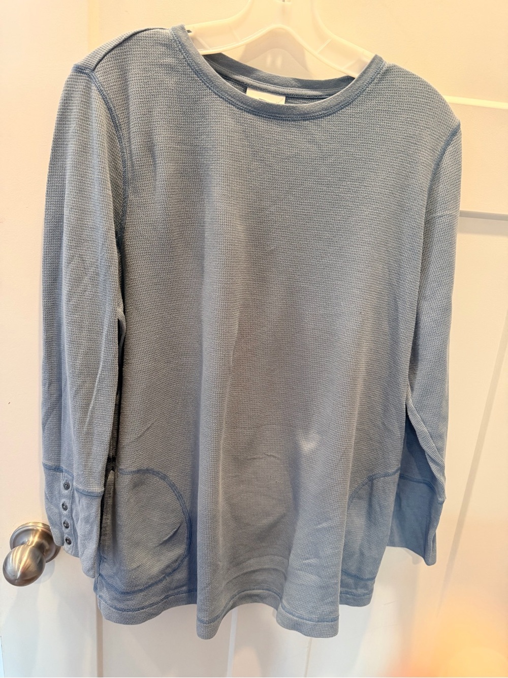J Jill Blue Waffle Knit Tunic Top Large Button Sleeve Cozy Pullover